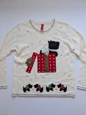 Scottie Dog Sweater M Holiday Christmas Cream Beige Off-White Crewneck Present